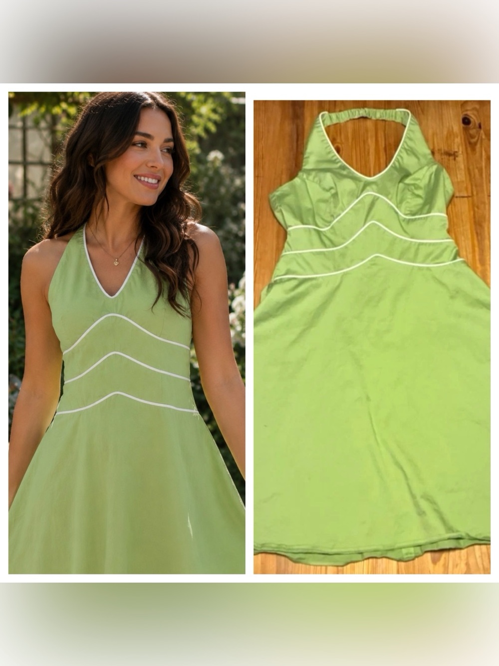 Halter Green Swing Dress Open Back Bare Shoulder 14 Flirty Coquette Pin-Up L Fem